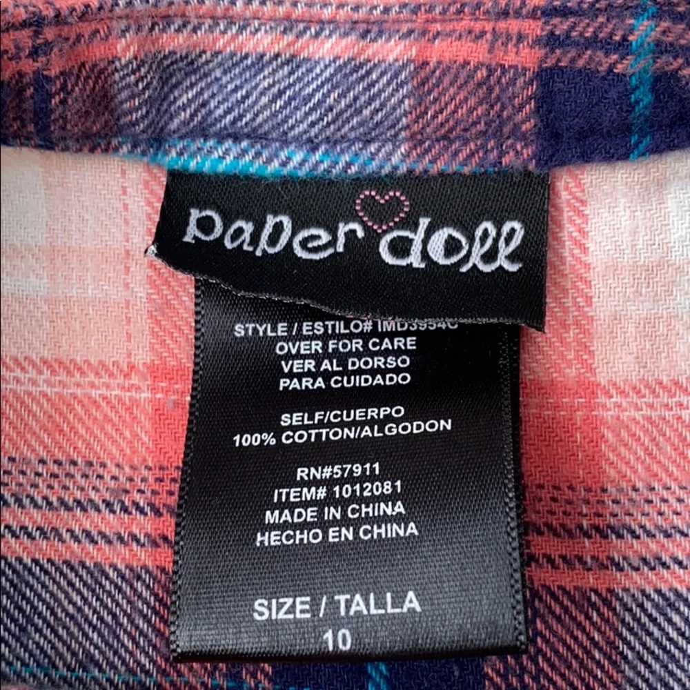 Paper Doll Girl Plaid Flannel Dress Size 10
